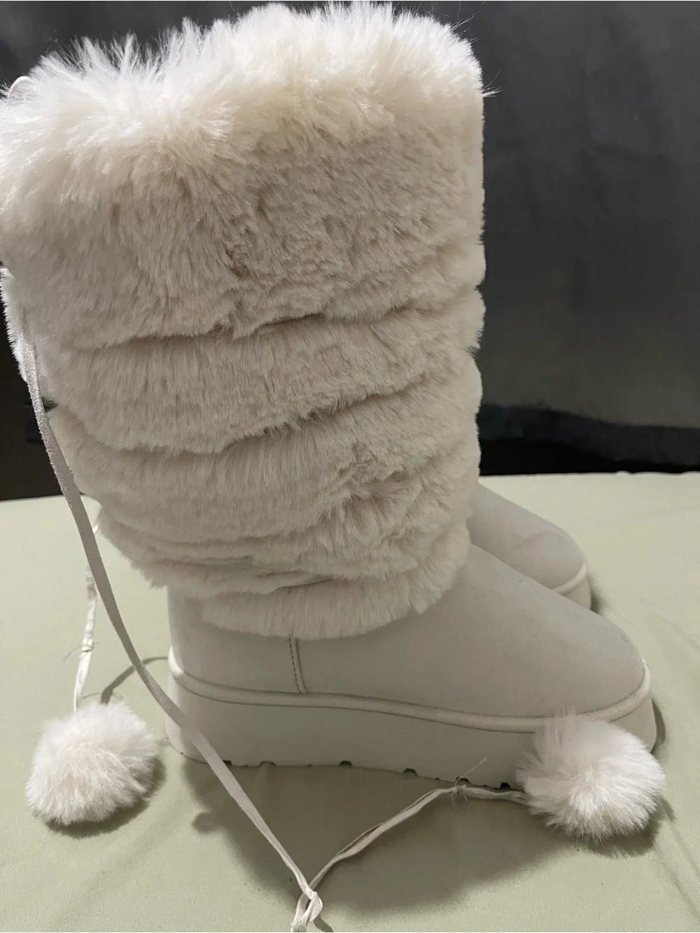Cream Faux-Fur Winter Boots with Pom-Pom Ties